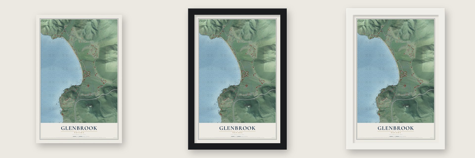 Glenbrook, Nevada map unframed, in a black wood frame and in a white wood frame