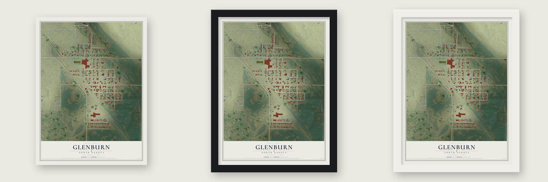 Glenburn, North Dakota map unframed, in a black wood frame and in a white wood frame
