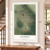 Glenburn, North Dakota map, 24 x 36 inch print in a white frame by a staircase