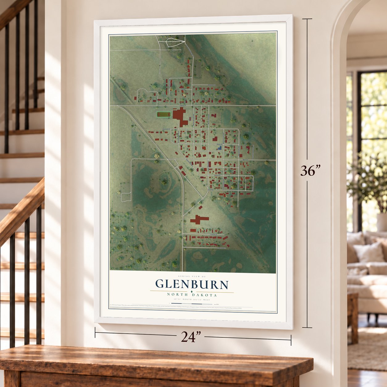 Glenburn, North Dakota map, 24 x 36 inch print in a white frame by a staircase