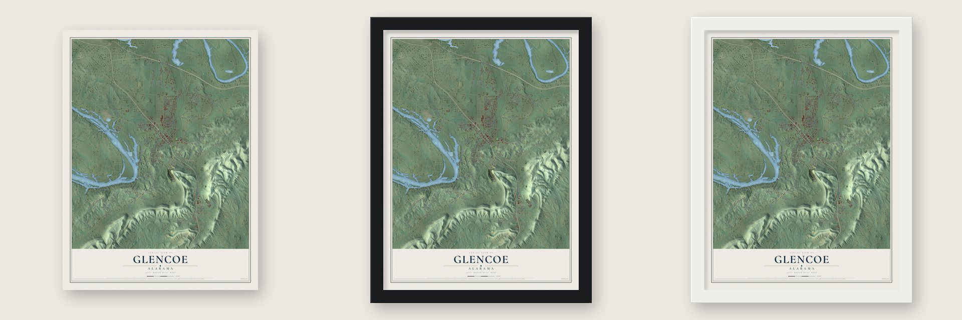 Glencoe, Alabama map unframed, in a black wood frame and in a white wood frame