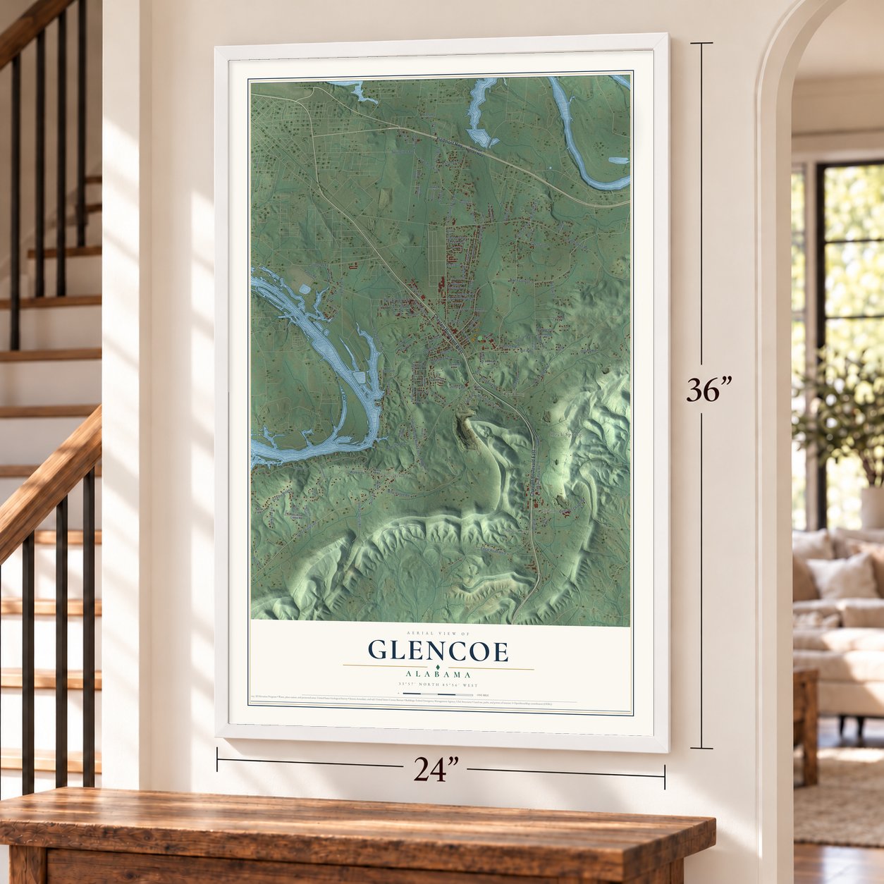 Glencoe, Alabama map, 24 x 36 inch print in a white frame by a staircase
