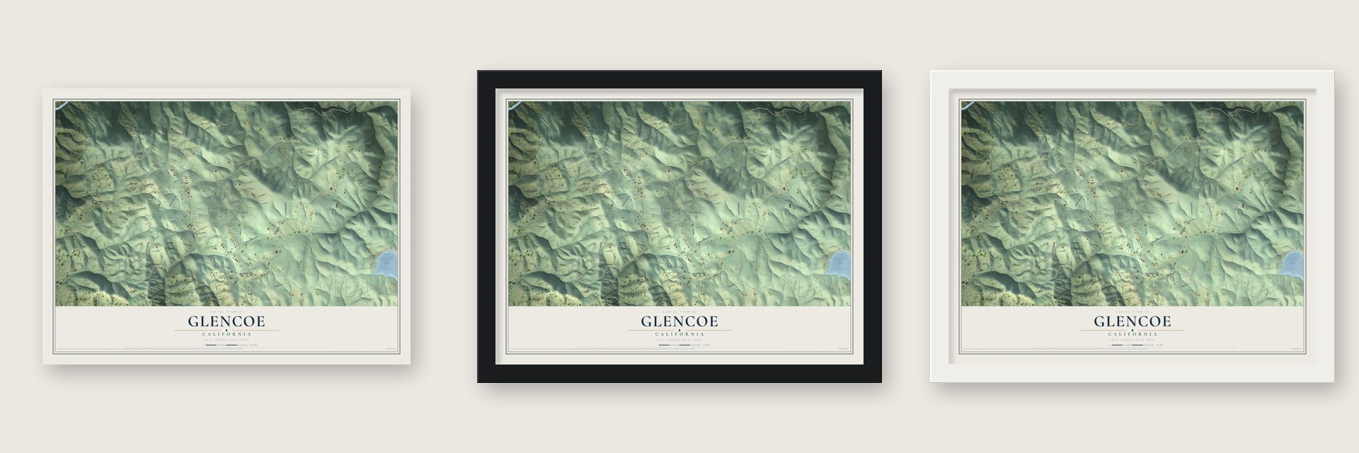 Glencoe, California map unframed, in a black wood frame and in a white wood frame
