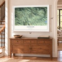 Glencoe, California map, 24 x 36 inch print in a white frame above a dresser by a staircase
