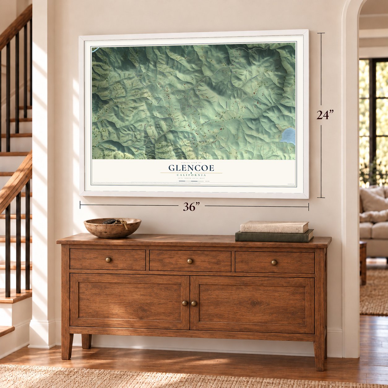 Glencoe, California map, 24 x 36 inch print in a white frame above a dresser by a staircase