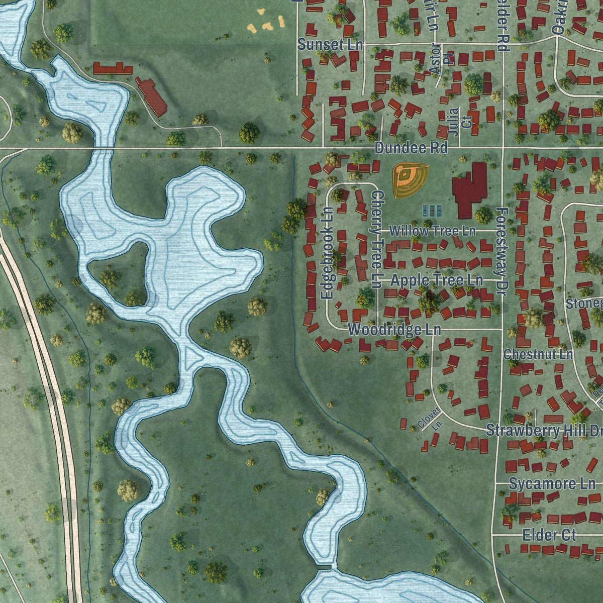 Second close-up of the map of Glencoe, Illinois print showing more streets and buildings