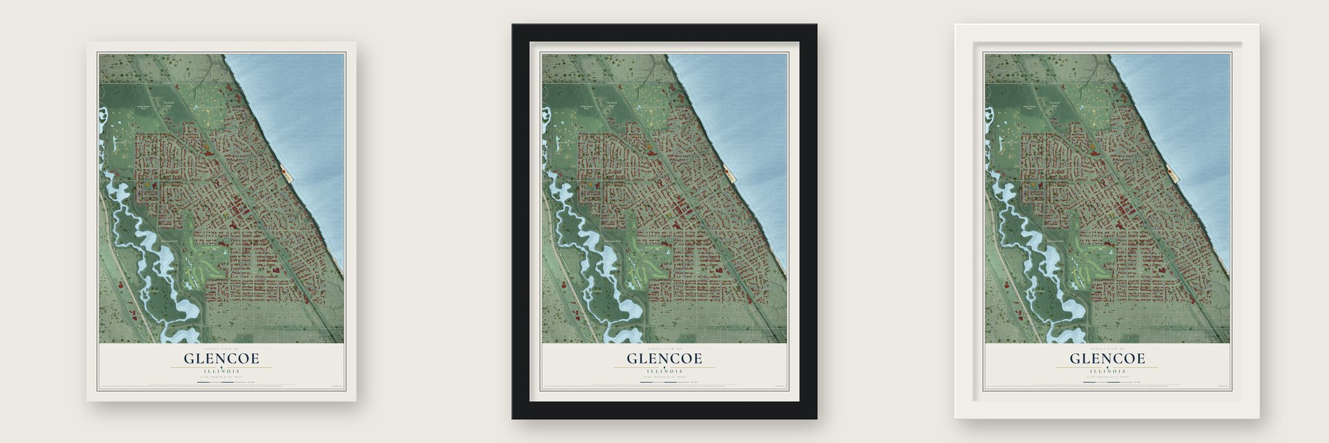Glencoe, Illinois map unframed, in a black wood frame and in a white wood frame