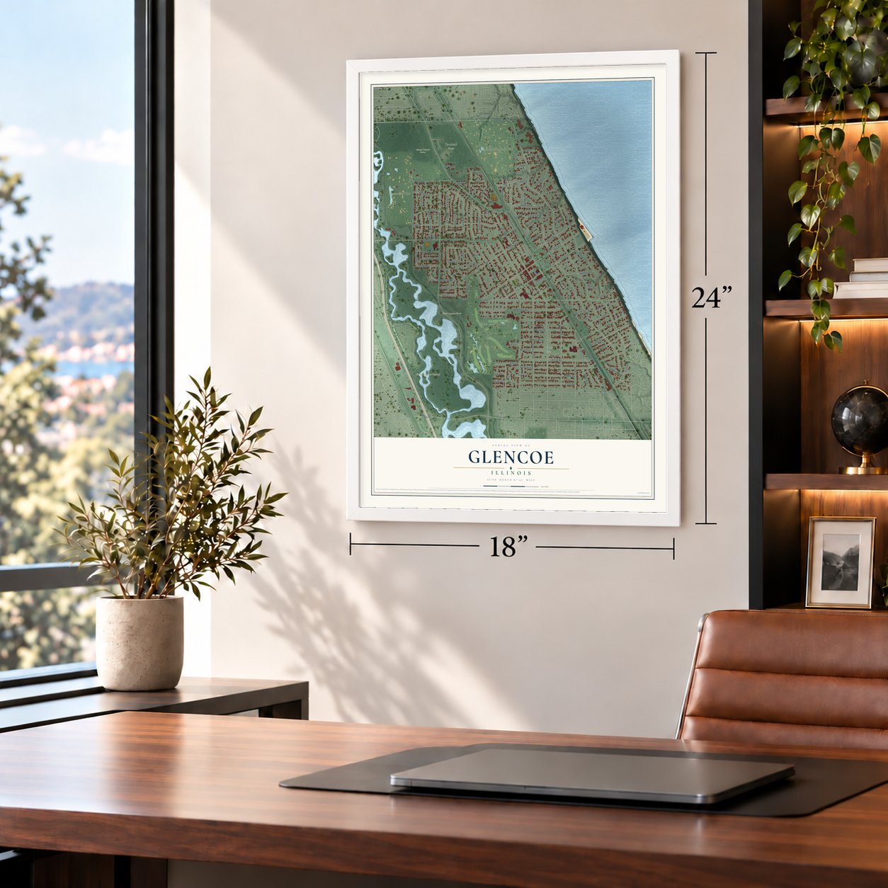 Glencoe, Illinois map, 18 x 24 inch print in a white frame in a home office