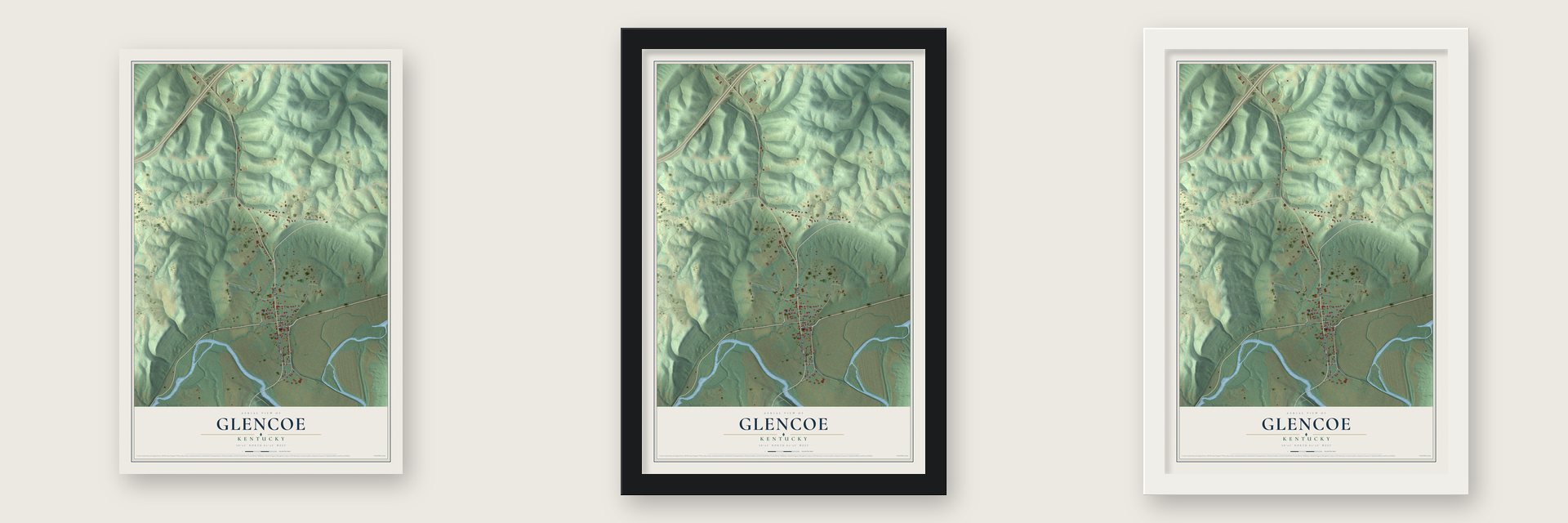 Glencoe, Kentucky map unframed, in a black wood frame and in a white wood frame