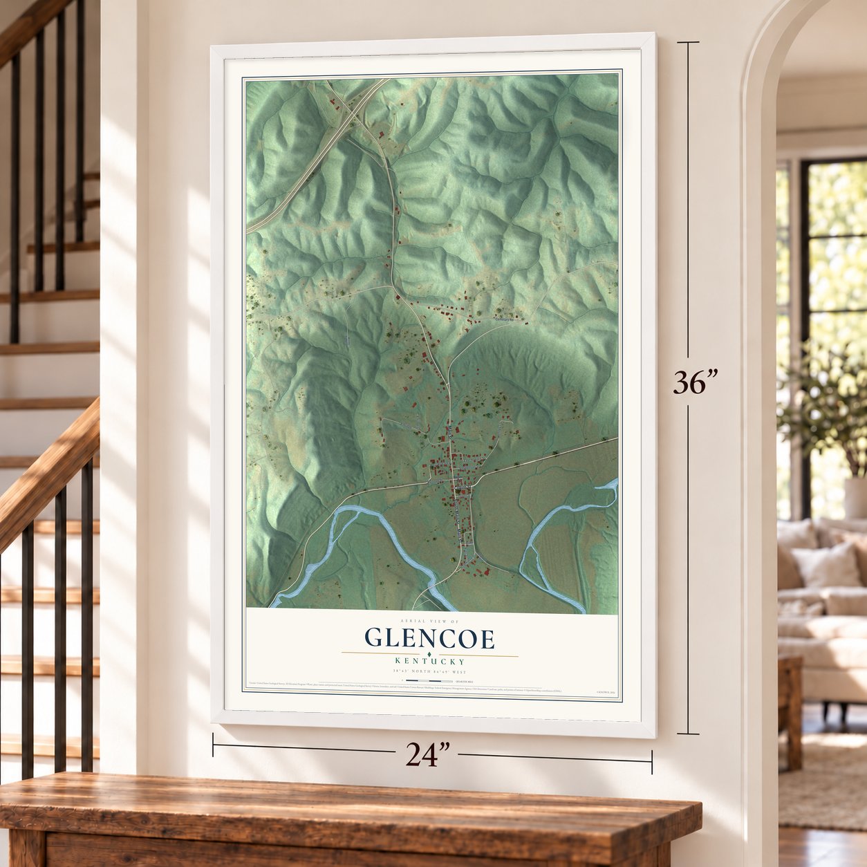Glencoe, Kentucky map, 24 x 36 inch print in a white frame by a staircase