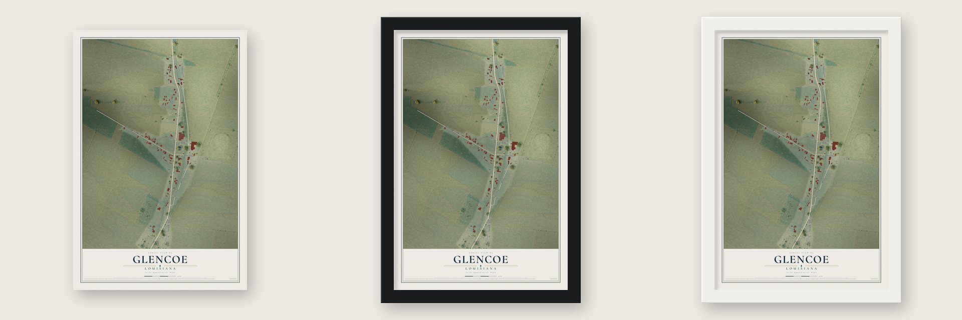 Glencoe, Louisiana map unframed, in a black wood frame and in a white wood frame
