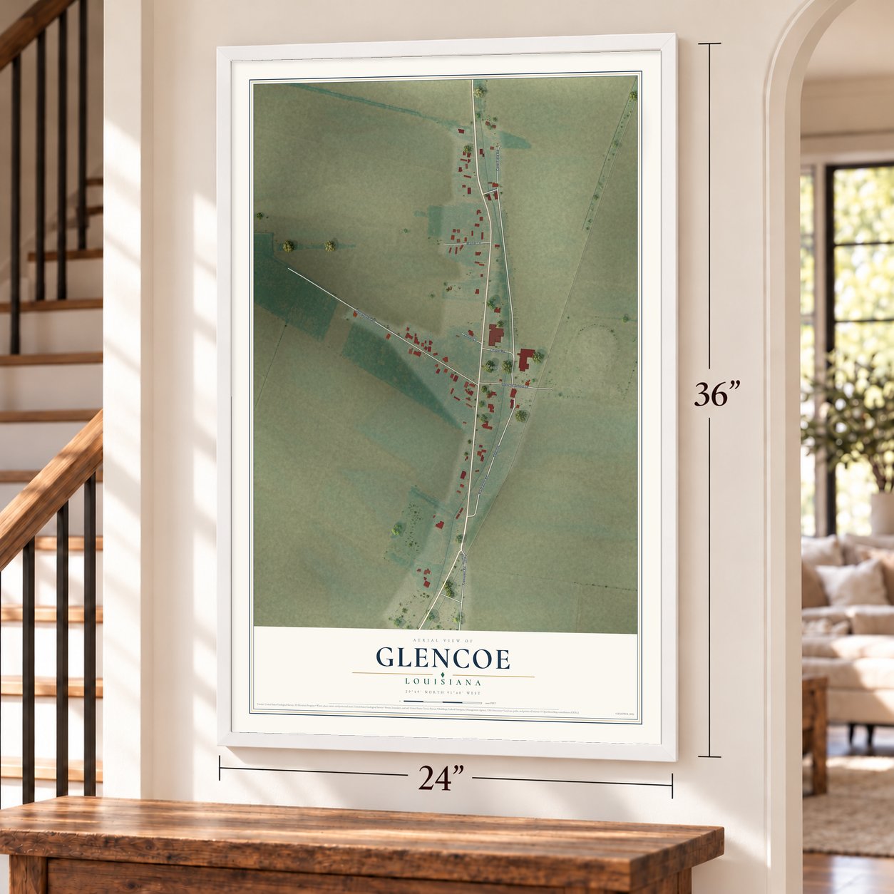 Glencoe, Louisiana map, 24 x 36 inch print in a white frame by a staircase