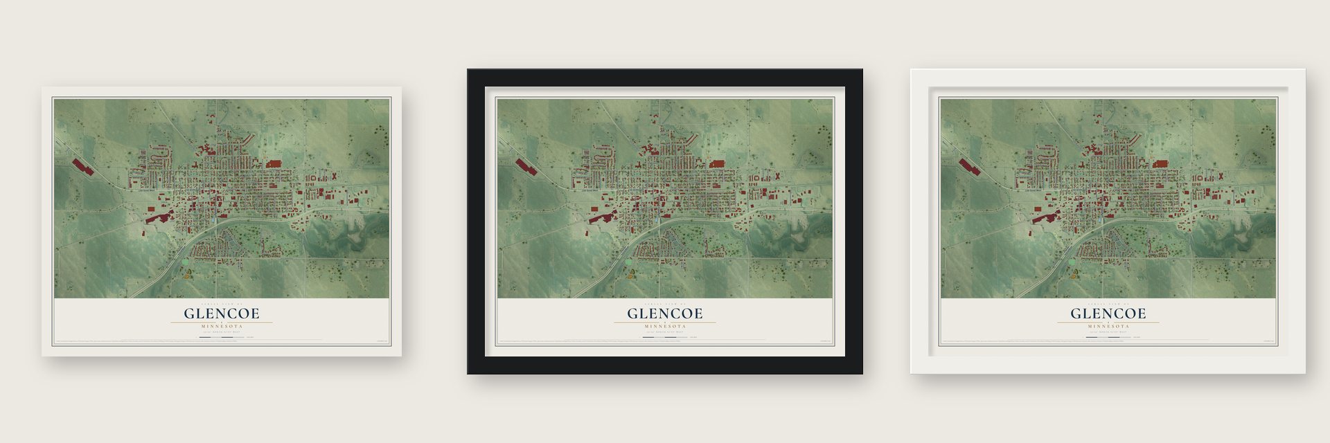 Glencoe, Minnesota map unframed, in a black wood frame and in a white wood frame