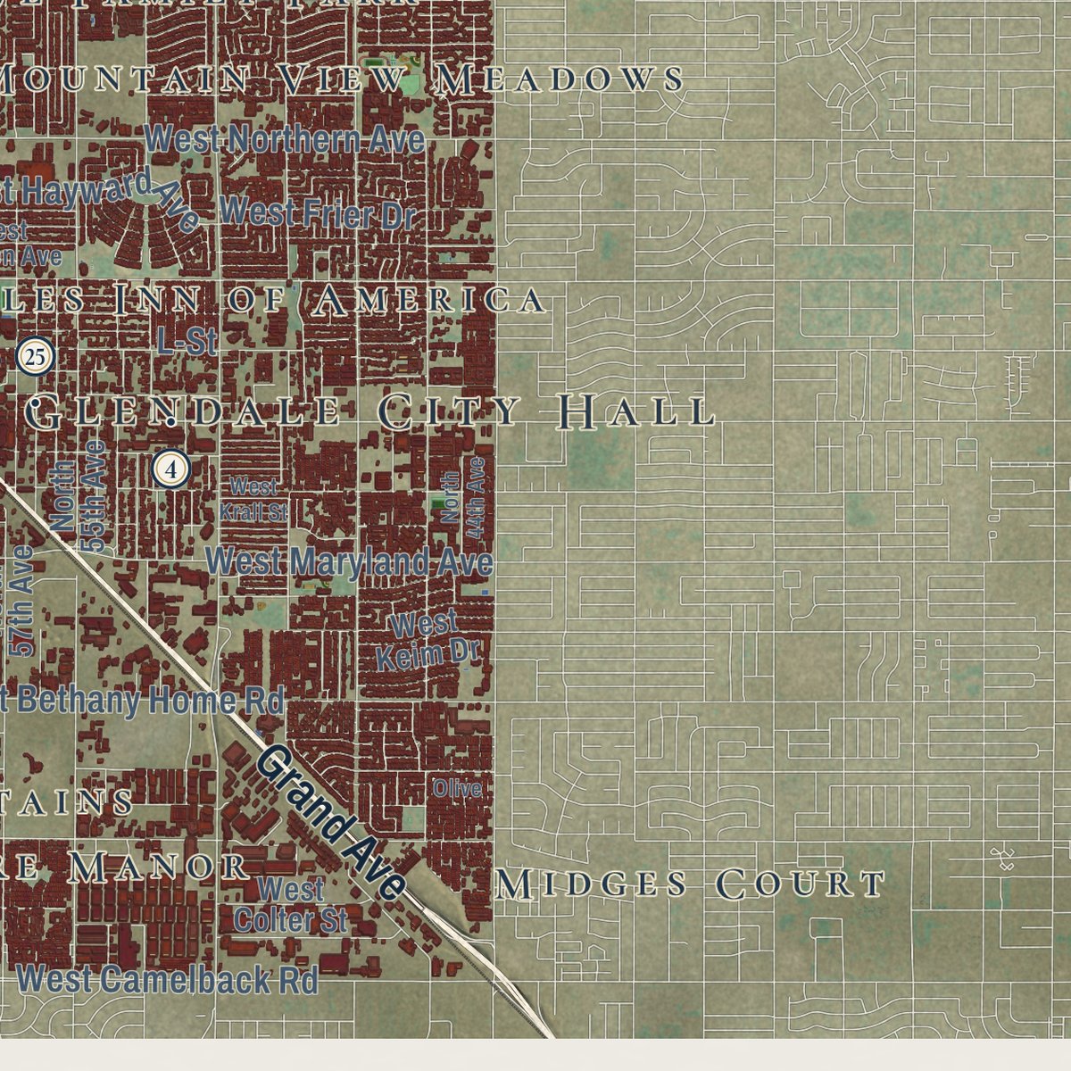 Second close-up of the map of Glendale, Arizona print showing more streets and buildings