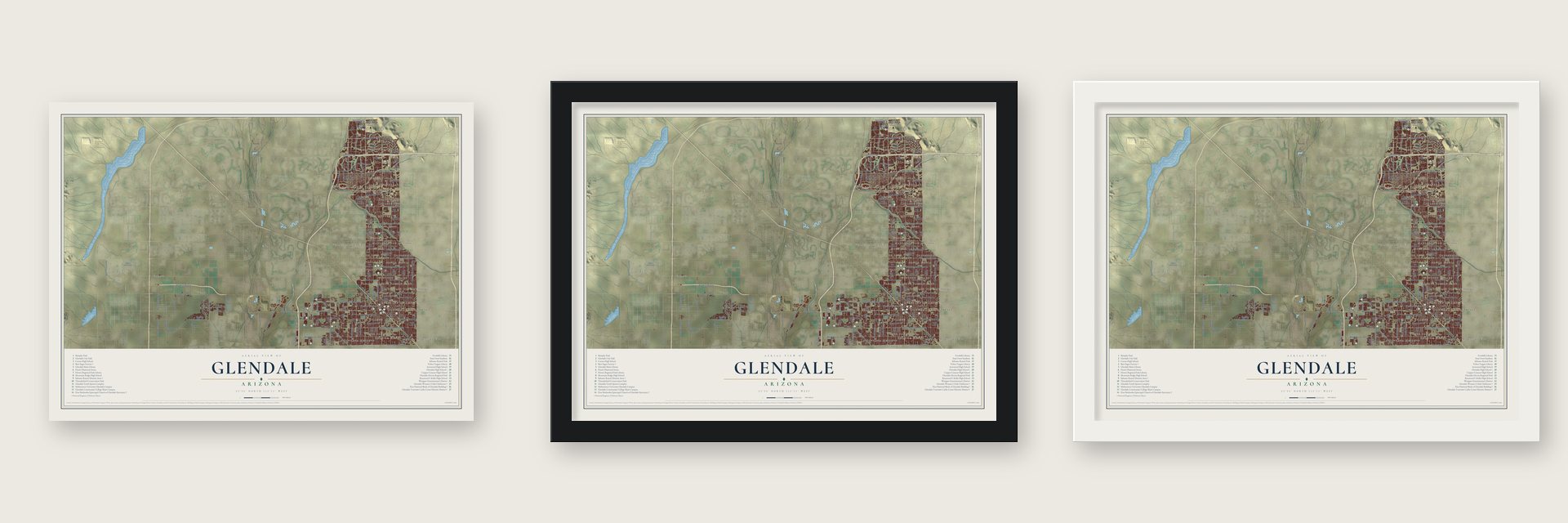 Glendale, Arizona map unframed, in a black wood frame and in a white wood frame