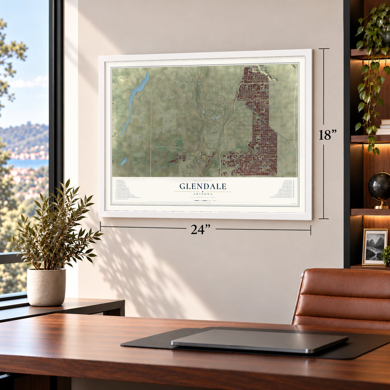Glendale, Arizona map, 18 x 24 inch print in a white frame in a home office