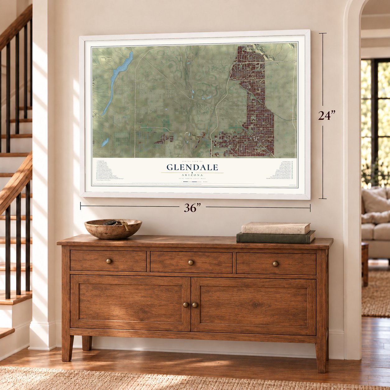 Glendale, Arizona map, 24 x 36 inch print in a white frame above a dresser by a staircase