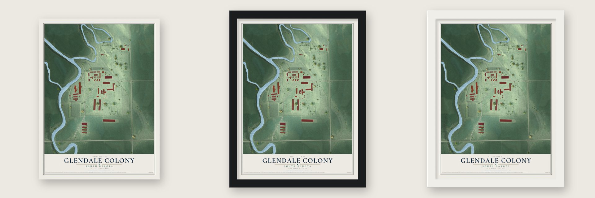 Glendale Colony, South Dakota map unframed, in a black wood frame and in a white wood frame