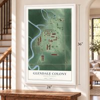Glendale Colony, South Dakota map, 24 x 36 inch print in a white frame by a staircase