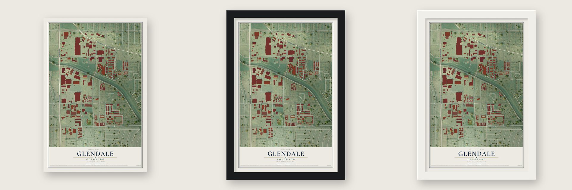 Glendale, Colorado map unframed, in a black wood frame and in a white wood frame