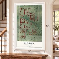 Glendale, Colorado map, 24 x 36 inch print in a white frame by a staircase