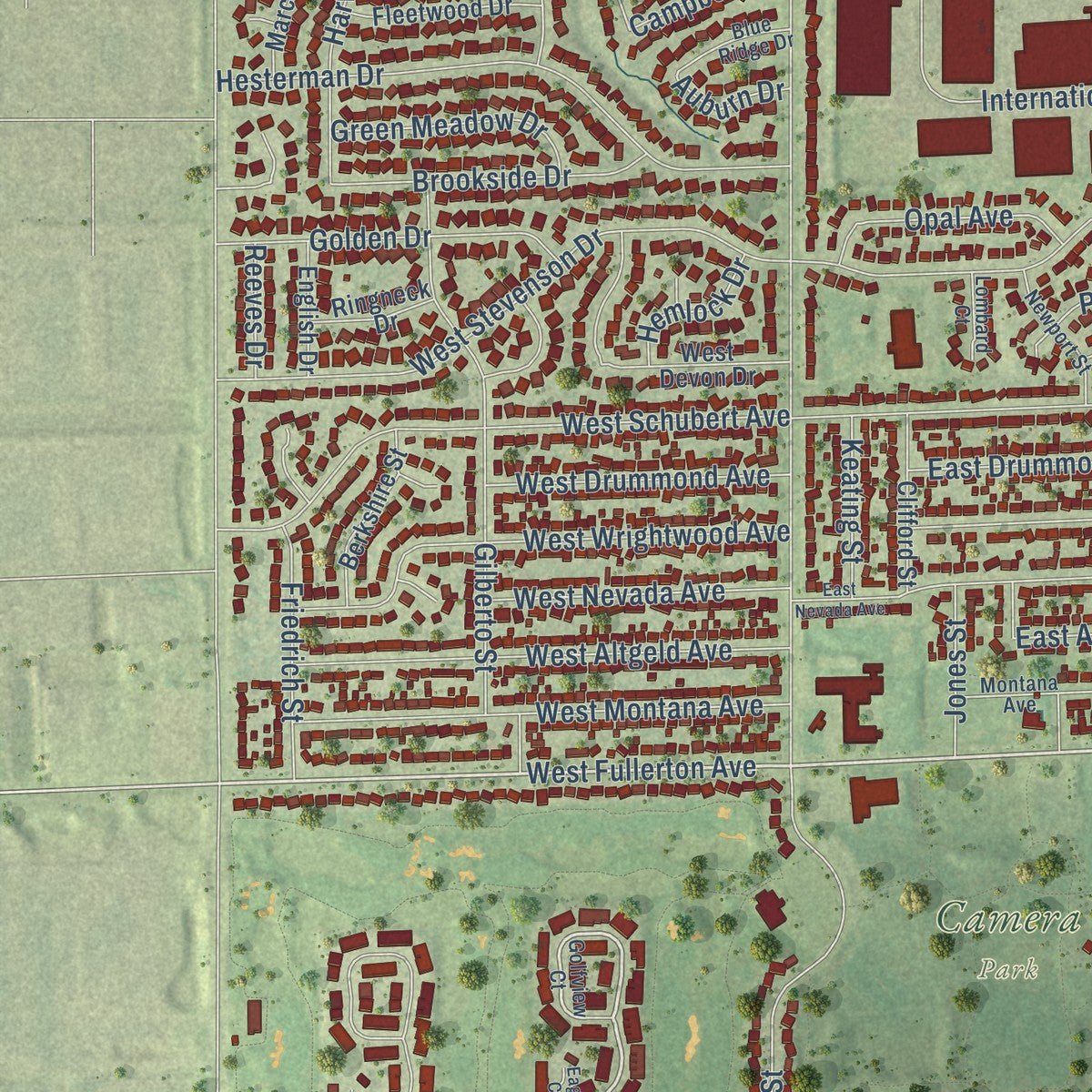 Second close-up of the map of Glendale Heights, Illinois print showing more streets and buildings