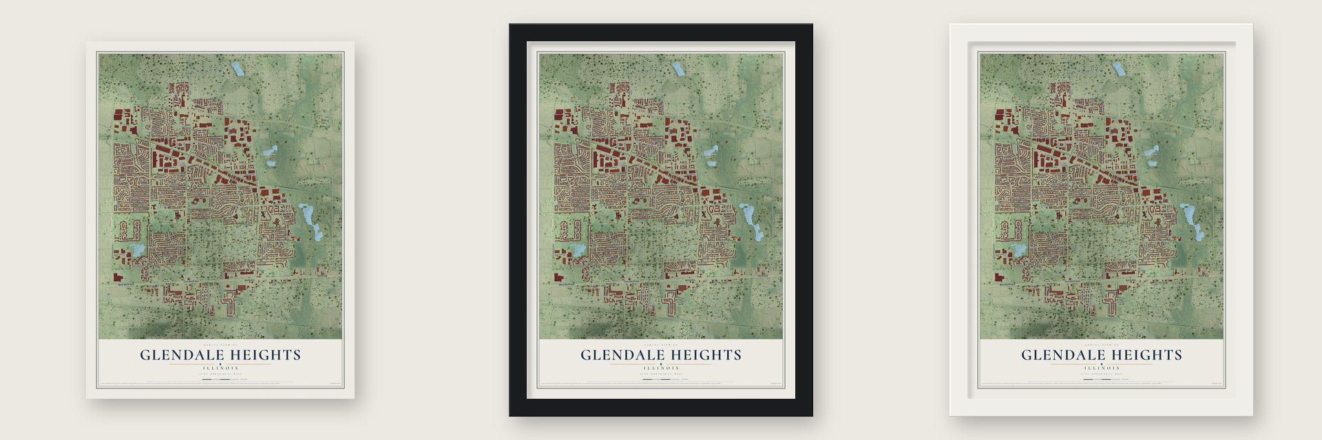 Glendale Heights, Illinois map unframed, in a black wood frame and in a white wood frame