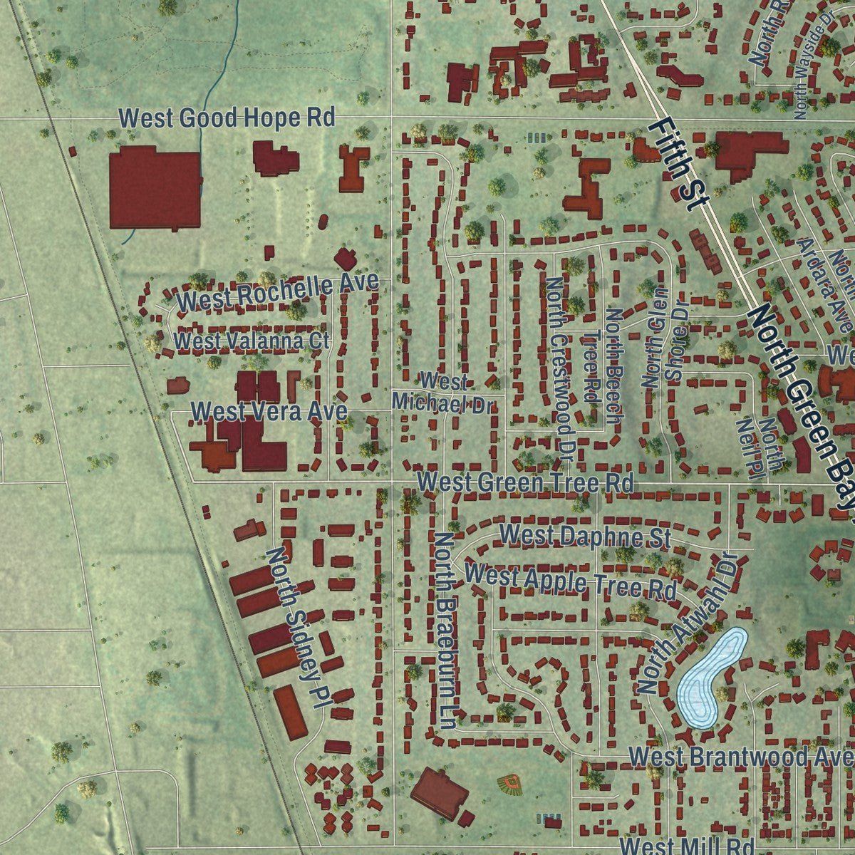 Second close-up of the map of Glendale, Milwaukee County, Wisconsin print showing more streets and buildings