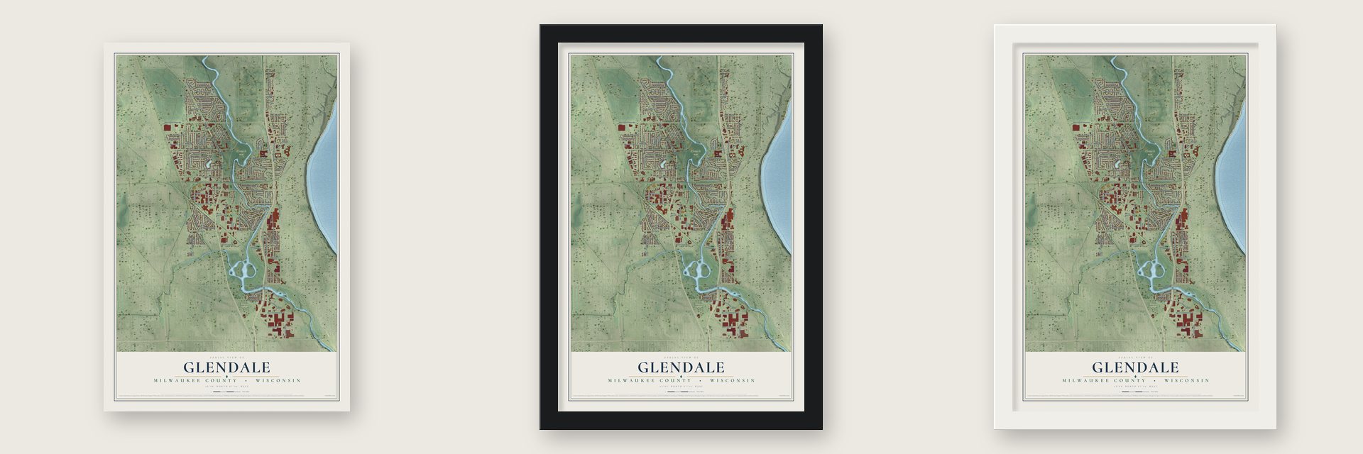 Glendale, Milwaukee County, Wisconsin map unframed, in a black wood frame and in a white wood frame