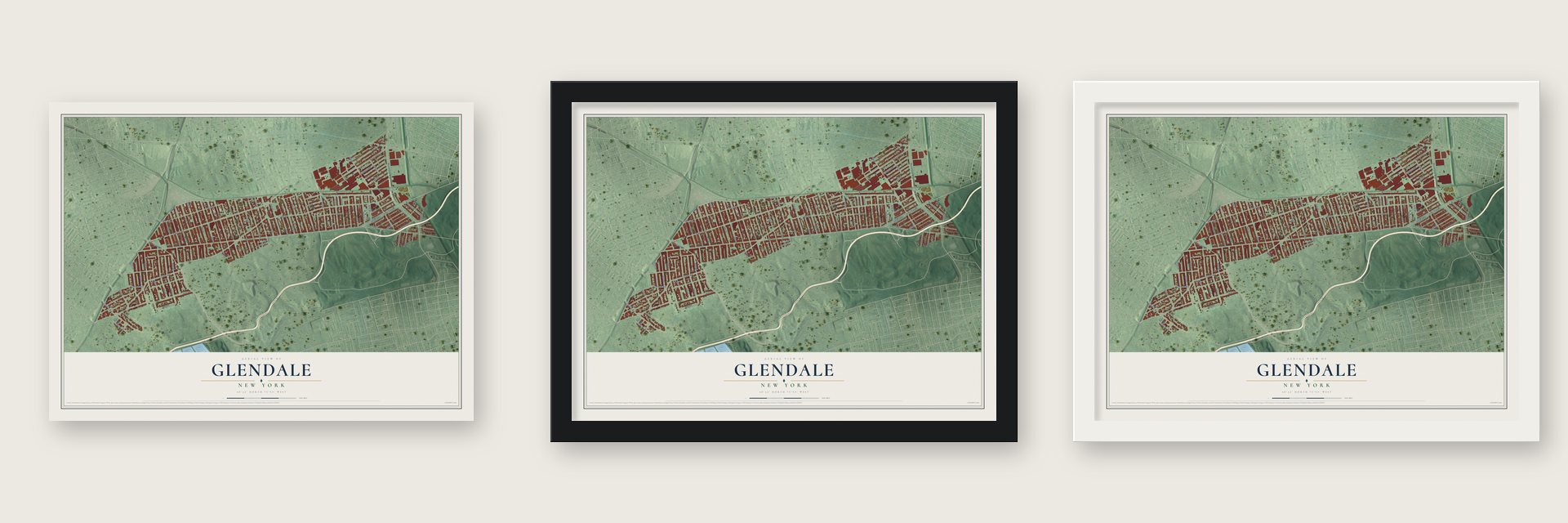 Glendale, New York map unframed, in a black wood frame and in a white wood frame
