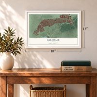 Glendale, New York map, 12 x 18 inch print in a white frame in an entryway