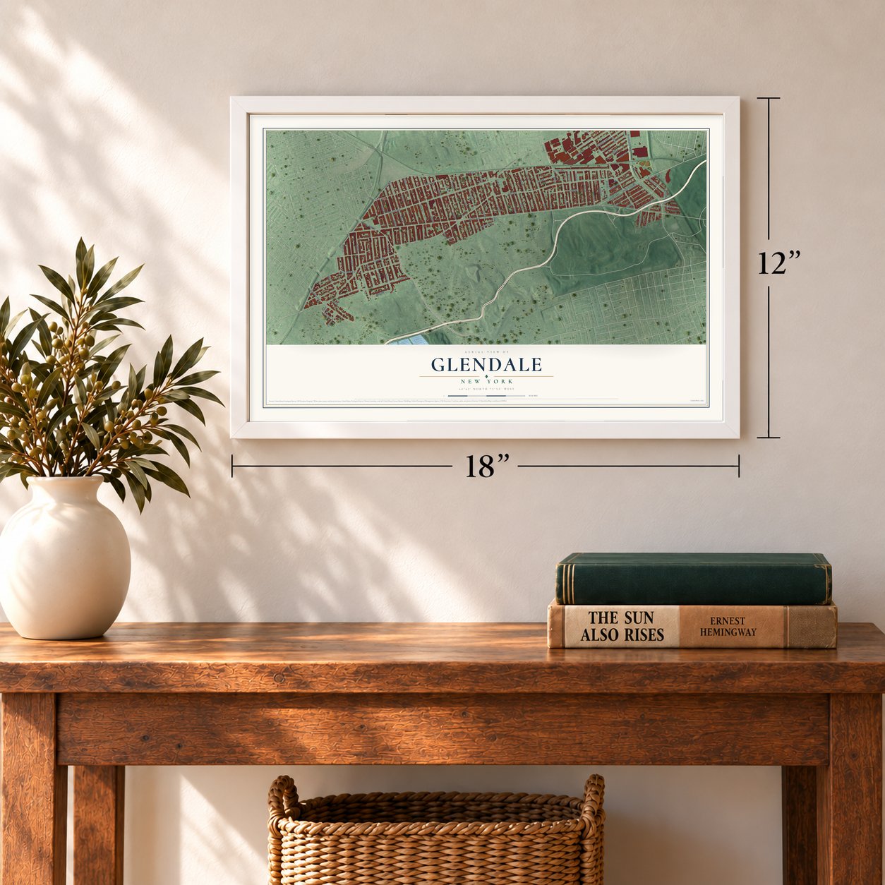 Glendale, New York map, 12 x 18 inch print in a white frame in an entryway