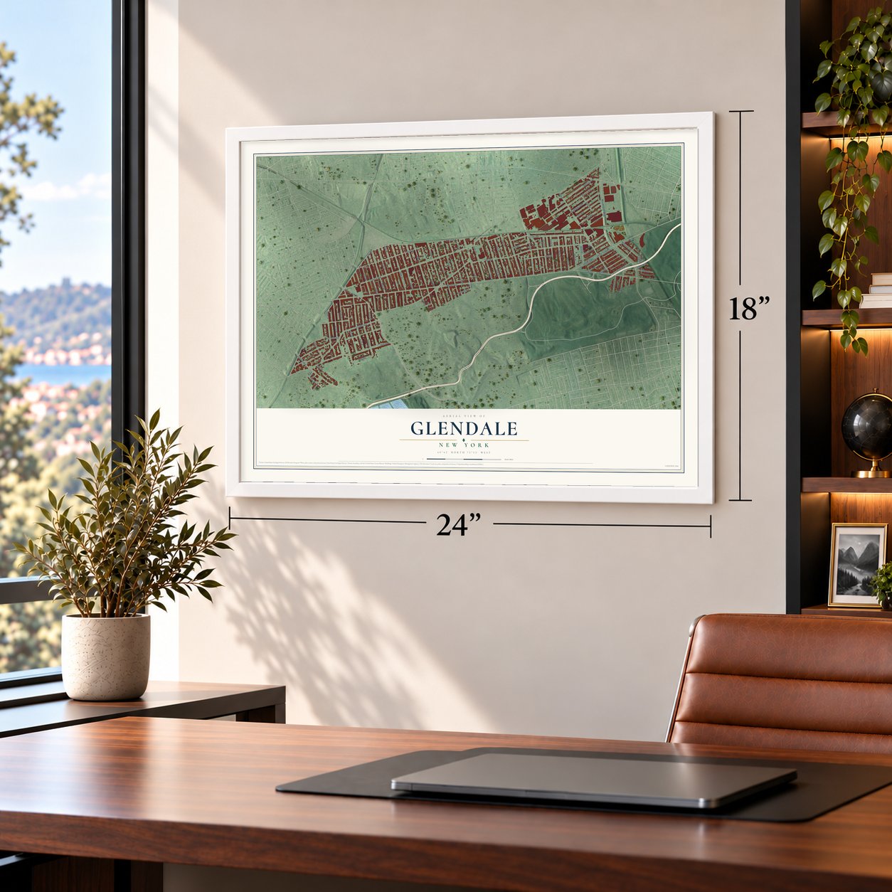 Glendale, New York map, 18 x 24 inch print in a white frame in a home office