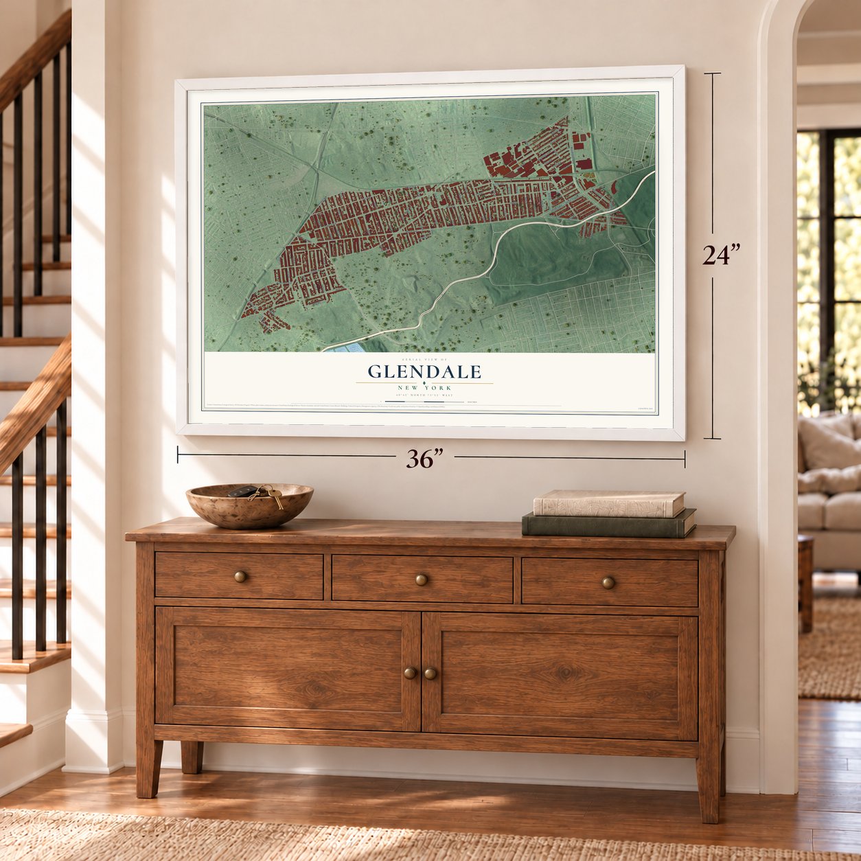 Glendale, New York map, 24 x 36 inch print in a white frame above a dresser by a staircase