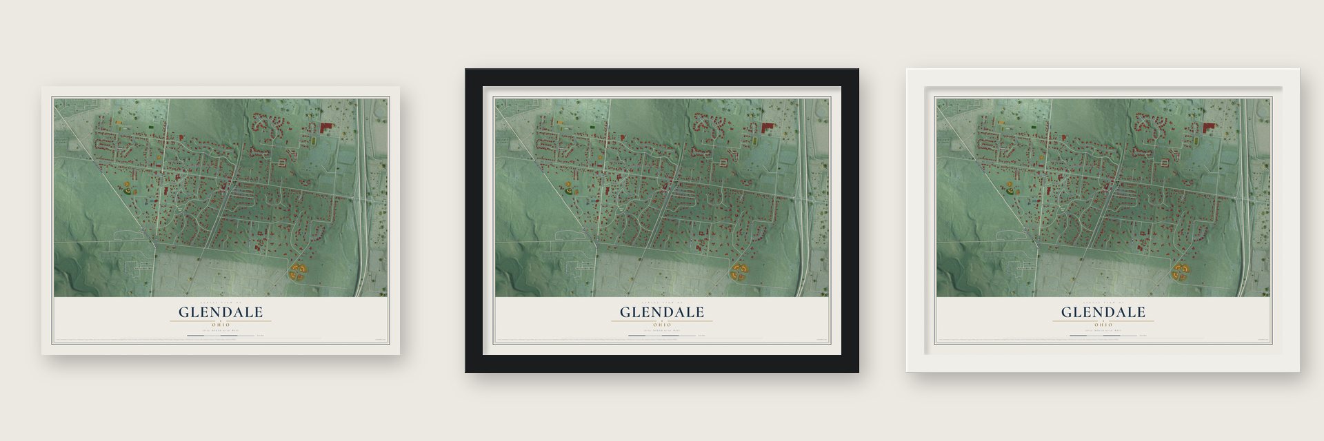 Glendale, Ohio map unframed, in a black wood frame and in a white wood frame