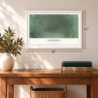Glendale, Ohio map, 12 x 18 inch print in a white frame in an entryway