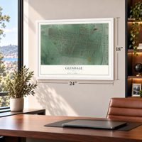 Glendale, Ohio map, 18 x 24 inch print in a white frame in a home office