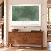 Glendale, Ohio map, 24 x 36 inch print in a white frame above a dresser by a staircase
