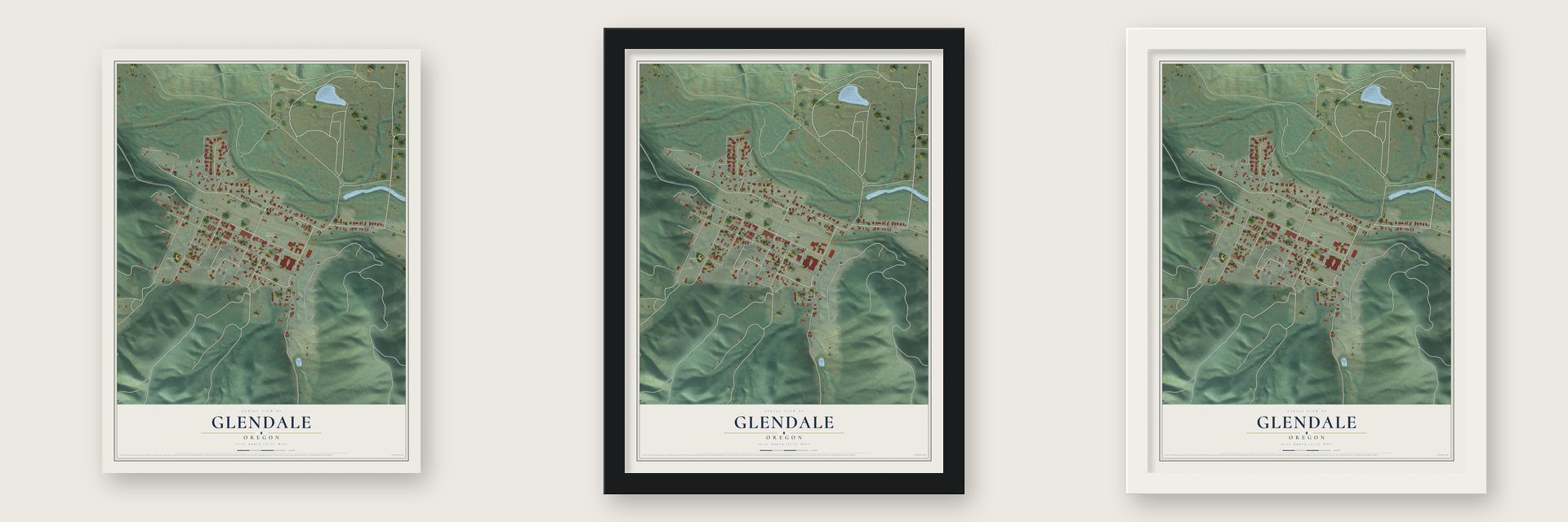 Glendale, Oregon map unframed, in a black wood frame and in a white wood frame