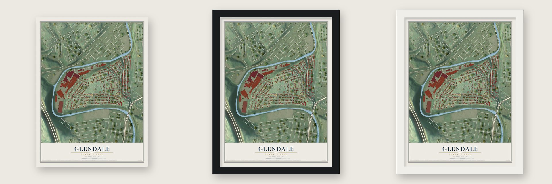 Glendale, Pennsylvania map unframed, in a black wood frame and in a white wood frame