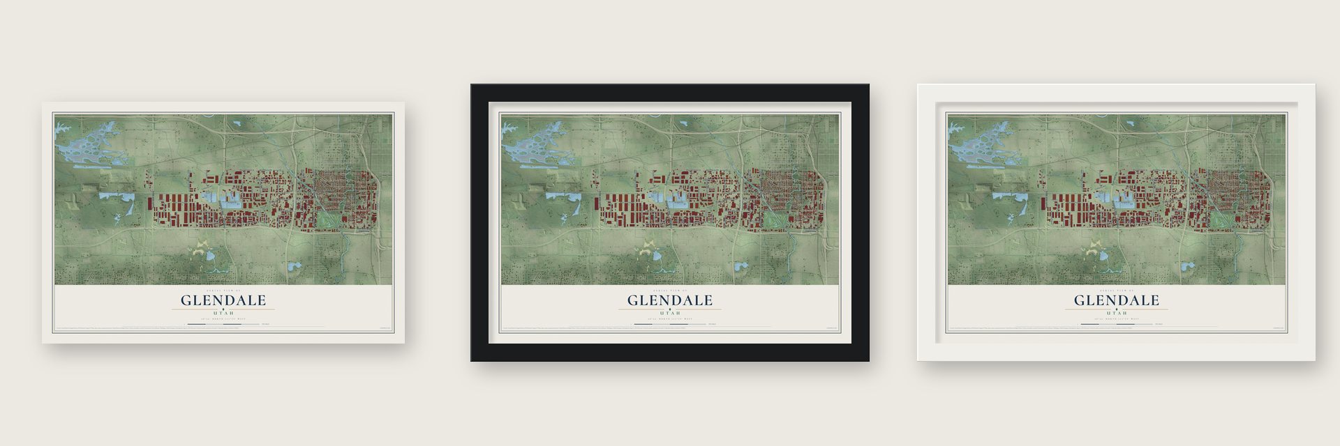 Glendale, Salt Lake City, Utah map unframed, in a black wood frame and in a white wood frame