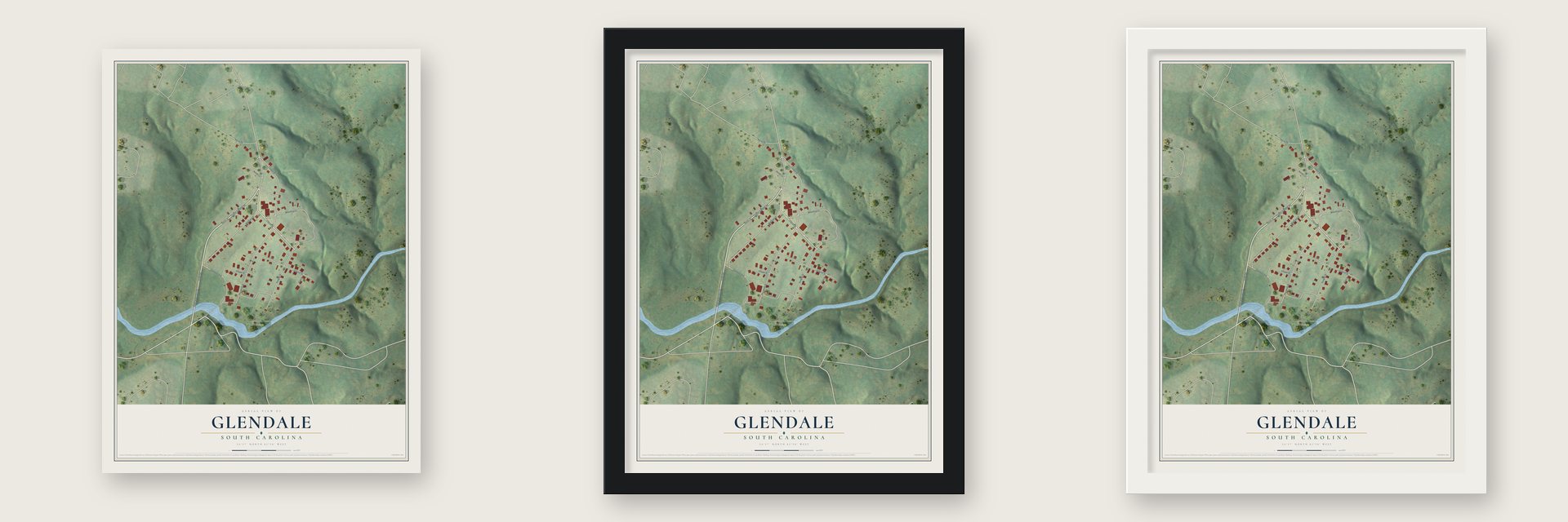 Glendale, South Carolina map unframed, in a black wood frame and in a white wood frame