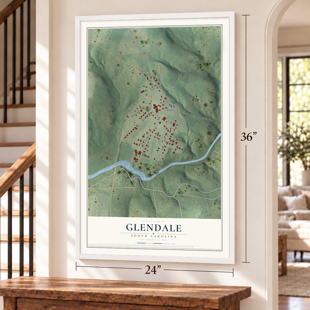 Glendale, South Carolina map, 24 x 36 inch print in a white frame by a staircase