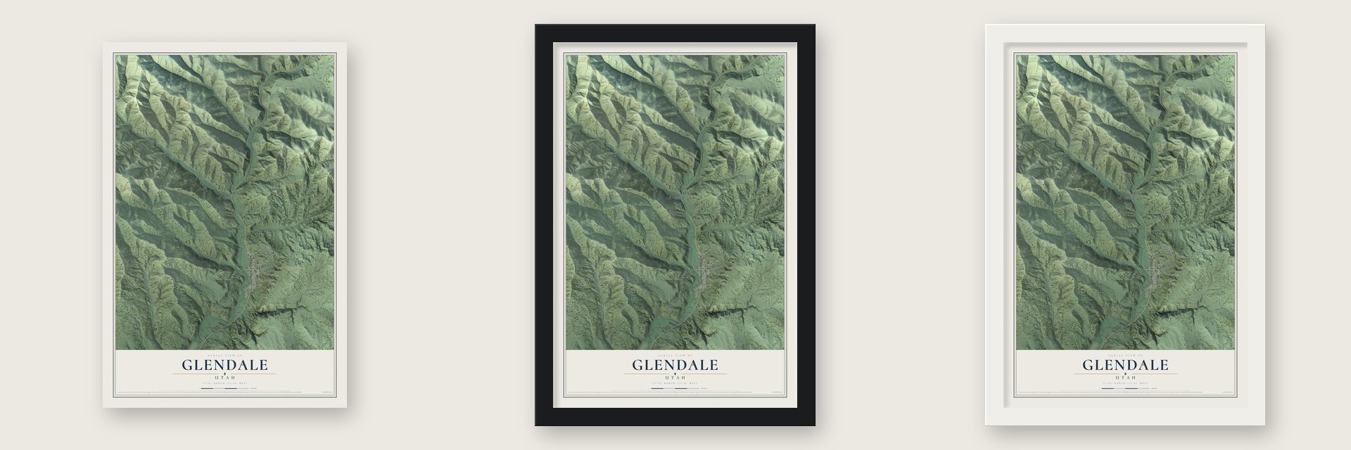 Glendale, Utah map unframed, in a black wood frame and in a white wood frame