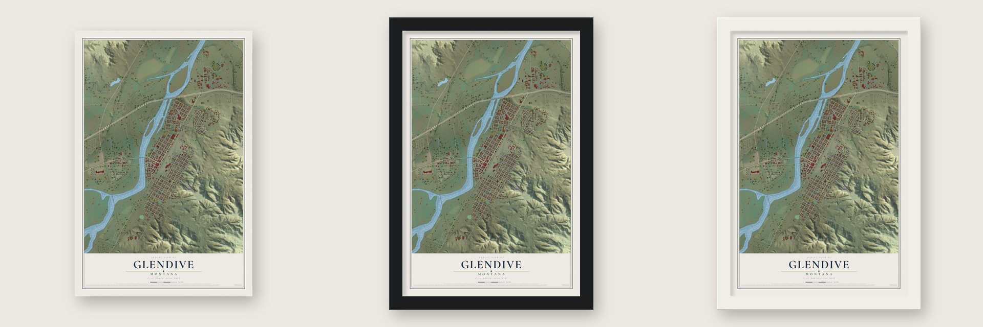 Glendive, Montana map unframed, in a black wood frame and in a white wood frame