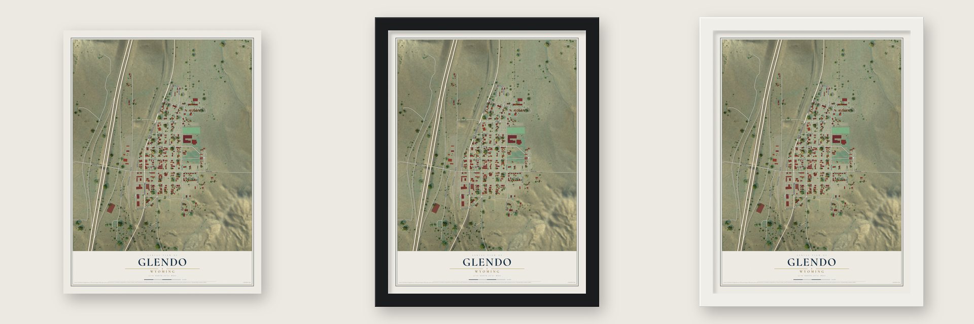 Glendo, Wyoming map unframed, in a black wood frame and in a white wood frame