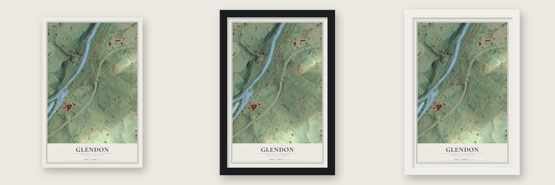 Glendon, Pennsylvania map unframed, in a black wood frame and in a white wood frame