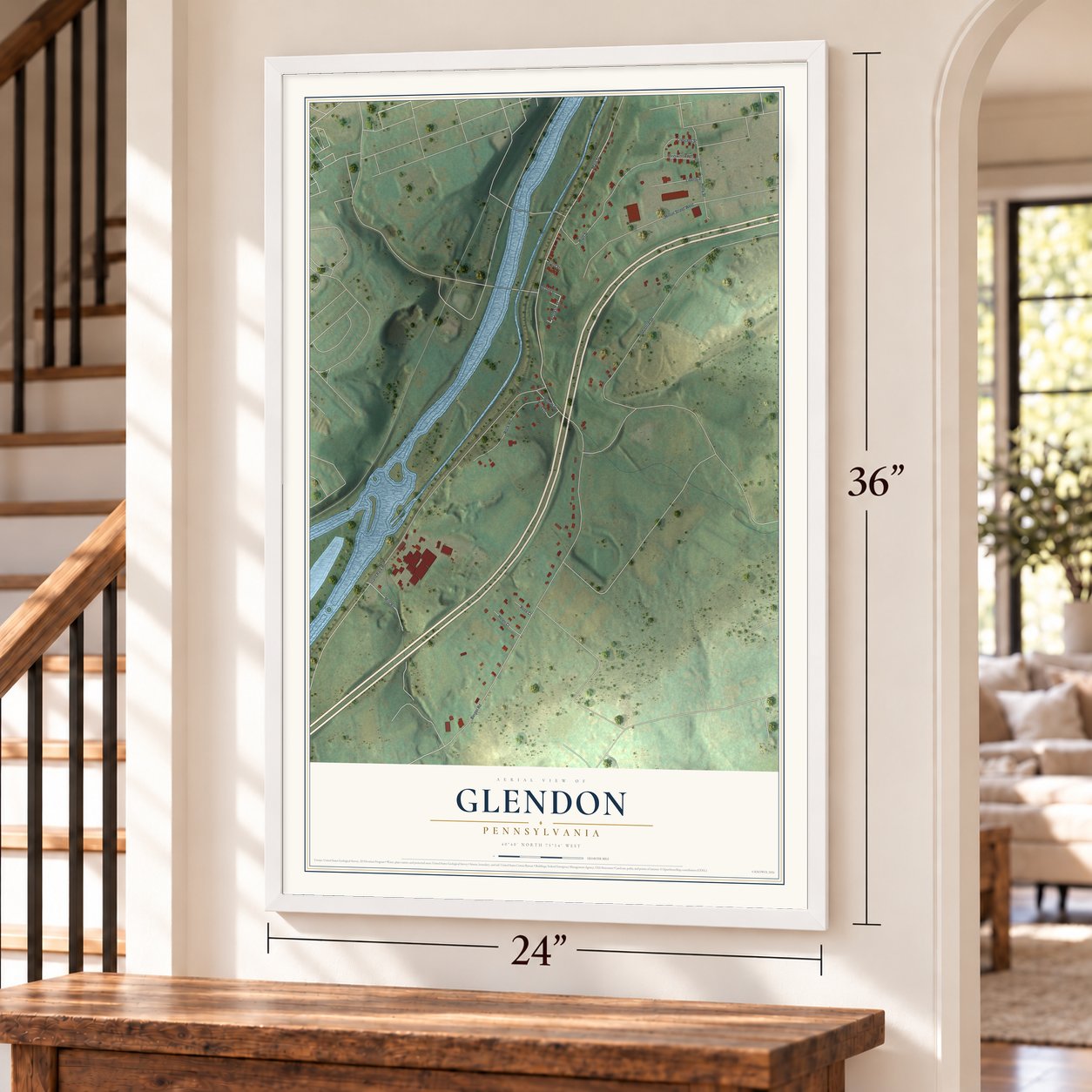 Glendon, Pennsylvania map, 24 x 36 inch print in a white frame by a staircase