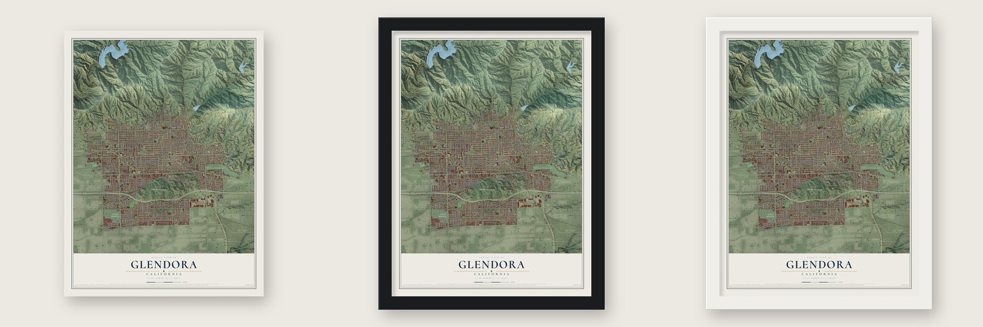 Glendora, California map unframed, in a black wood frame and in a white wood frame