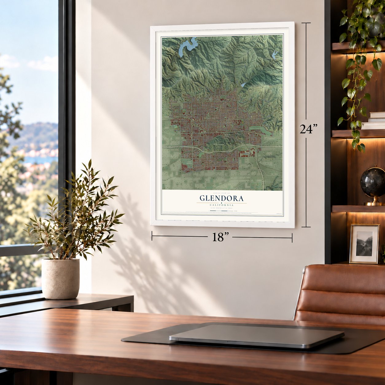 Glendora, California map, 18 x 24 inch print in a white frame in a home office